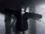  1girl angel black_jacket contrapposto drawn_wings fake_wings graffiti green_eyes green_shirt grey_hair half-closed_eye halo jacket long_hair long_sleeves looking_at_viewer migihidari_(puwako) one_side_up original outstretched_arms shirt solo spread_arms standing v very_long_hair wings 