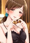  1girl :d black_dress blue_scrunchie blurry blurry_background blush breasts brown_eyes brown_hair cleavage collarbone dress eyebrows_visible_through_hair gen_(enji) hair_ornament hair_scrunchie half-closed_eyes heart heart_hands highres idolmaster idolmaster_cinderella_girls indoors jewelry long_hair looking_at_viewer low_ponytail medium_breasts necklace nitta_minami open_mouth scrunchie shiny shiny_hair shiny_skin sleeveless sleeveless_dress smile solo spaghetti_strap twitter_username upper_body 