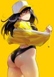  1girl ass black_hair black_swimsuit closed_mouth commentary_request competition_swimsuit from_behind hat highres jacket kekemotsu long_hair looking_at_viewer looking_back one-piece_swimsuit original simple_background smile solo swimsuit thighs white_headwear yellow_background yellow_eyes yellow_jacket 