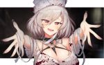  1girl absurdres bandages blood bloody_clothes blush braid breasts cleavage eyebrows_visible_through_hair girls_frontline hat highres kord_(girls_frontline) looking_at_viewer medium_breasts medium_hair nail_polish nurse nurse_cap open_mouth red_eyes saett silver_hair simple_background solo 