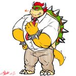  3_toes 5_fingers anthro bowser bracelet business_attire claws clothed clothing dhanisani dress_pants dress_shirt eyebrows facial_hair fingers fire full-length_portrait fully_clothed hi_res horn jewelry koopa male mario_bros necktie nintendo portrait red_eyes reptile scalie shell shirt solo spiked_bracelet spiked_shell spikes spikes_(anatomy) teeth teeth_showing thick_eyebrows toes topwear video_games yellow_body 