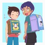  2boys :d backpack bag bangs black_shorts blush brown_eyes brown_hair character_print chokutsuu_(menino) closed_eyes closed_mouth commentary_request dark_skin dark_skinned_male green_shirt highres hop_(pokemon) looking_back male_focus multiple_boys open_mouth pokemon pokemon_(game) pokemon_swsh purple_hair shirt short_hair short_sleeves shorts smile swept_bangs tongue victor_(pokemon) yellow_eyes 