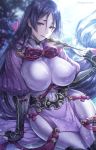  1girl armor arrow_(projectile) artist_name bangs black_gloves bodysuit breasts covered_navel elbow_gloves fate/grand_order fate_(series) fingerless_gloves gloves hagino_kouta highres japanese_armor kote large_breasts long_hair looking_at_viewer low-tied_long_hair minamoto_no_raikou_(fate/grand_order) parted_bangs parted_lips pelvic_curtain purple_bodysuit purple_eyes purple_hair ribbed_sleeves rope sitting tassel thighs very_long_hair 