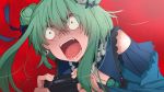  1girl absurdres controller double_bun green_hair highres holding holding_controller hololive nintendo_switch_pro_controller red_background red_eyes roaring tonarikeru uruha_rushia wide-eyed 