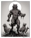 2020 5_fingers anthro canid canine canis claws clothing digital_media_(artwork) feral fingers fur greyscale hi_res looking_at_viewer male mammal monochrome moon muscular muscular_anthro muscular_male navel nipples nude open_mouth pecs sharp_teeth simple_background standing taran_fiddler teeth torn_clothing were werecanid werecanine werewolf wolf 