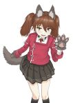  1girl animal_ears black_skirt brown_eyes brown_hair fake_animal_ears fake_tail flat_chest halloween_costume highres japanese_clothes kantai_collection kariginu long_sleeves miniskirt nito_(nshtntr) pleated_skirt ryuujou_(kantai_collection) skirt solo tail twintails wolf_ears wolf_tail 