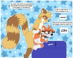  anal anal_penetration anthro balls big_dom_small_sub blush canid canine dipstick_tail duo eyewear fivethirtyeight fivey_fox fox genitals glasses graedius_(artist) graedius_(character) male male/male mammal multicolored_tail penetration penis procyonid raccoon size_difference 