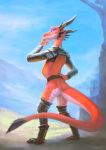  anthro belt clothing countershade_scales countershade_tail countershading dragon female hi_res klongi leggings legwear outside red_body red_scales reptile scales scalie solo white_body white_scales 