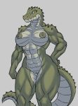  abs anthro breasts crocodilian female genitals muscular muscular_arms muscular_female muscular_legs nude pussy rawslaw5 reptile scalie simple_background solo thick_thighs 