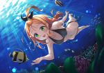  1girl air_bubble barefoot bikini black_bikini blush bow breath bubble caron_(straycat910) coral dutch_angle fish freediving green_eyes hair_bow hair_ornament hairpin highres light_rays long_hair navel ocean_bottom original red_hair smile sunlight swimming swimsuit underwater 