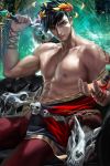  1boy abs armlet bangs banned_artist bara bare_shoulders black_hair chest collarbone greek_clothes green_eyes hades_(game) heterochromia laurel_crown male_focus medium_hair muscle nipples over_shoulder red_eyes sakimichan skull smile spiked_hair weapon weapon_over_shoulder zagreus_(hades) 