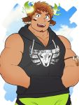  1boy animal_ears bara bare_arms bare_shoulders black_hoodie brown_hair chest cow_ears ezaki_papiko facial_hair forked_eyebrows glowing_horns goatee hands_in_pockets highres hood hoodie horns male_focus muscle short_hair sleeveless sleeveless_hoodie smile solo thick_eyebrows tokyo_houkago_summoners upper_body wakan_tanka 