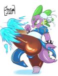  absurd_res anthro big_butt blue_fire butt capcom chun-li clothed clothing colored_fire cosplay crossdressing crossover dragon fire friendship_is_magic girly green_eyes hi_res kick male my_little_pony on_one_leg purple_body purple_scales saurian_(artist) scales simple_background solo spike_(mlp) standing street_fighter thick_thighs video_games white_background 