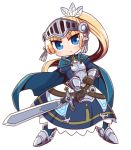  1girl armor armored_boots armored_dress bangs black_gloves blonde_hair blue_cape blue_dress blue_eyes blush boots breastplate cape chibi closed_mouth commentary_request dress eyebrows_visible_through_hair feathers forte_(rune_factory) full_body gloves hair_feathers high_ponytail highres holding holding_sword holding_weapon juliet_sleeves long_hair long_sleeves looking_at_viewer naga_u parted_bangs ponytail puffy_sleeves rune_factory rune_factory_4 simple_background solo standing sword v-shaped_eyebrows vambraces very_long_hair visor_(armor) weapon white_background white_feathers 