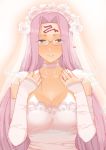  1girl bangs banned_artist bare_shoulders blush breasts bridal_veil choker cleavage collarbone detached_sleeves dress fate/stay_night fate_(series) forehead glasses jewelry large_breasts long_hair looking_at_viewer mo_(kireinamo) parted_bangs purple_eyes purple_hair rider ring smile veil very_long_hair wedding_dress white_dress 