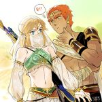  2boys armlet artist_name bangs bare_shoulders barefoot blonde_hair blue_eyes bridal_gauntlets brown_eyes circlet collarbone commentary crossdressing dated earrings frown ganondorf gerudo_link jewelry link long_sleeves male_focus midriff mtfy multiple_boys navel otoko_no_ko see-through short_hair stomach sword the_legend_of_zelda thick_eyebrows veil very_short_hair weapon weapon_on_back 