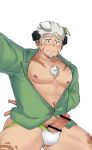  1boy abs absurdres animal_ears bar_censor bara bare_chest blush bulge censored chest chest_hair cosplay cowboy_shot dog_ears erection facial_hair frankenstein&#039;s_monster frankenstein&#039;s_monster_(cosplay) goatee gomeisa_(live_a_hero) green_eyes green_male_underwear grey_hair halloween halloween_costume highres jockstrap live_a_hero male_focus muscle nanman_shi navel nipple_piercing nipples penis piercing precum short_hair sideburns solo tattoo thick_thighs thighs tribal_tattoo underwear veins veiny_penis white_background 