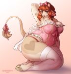  2020 anthro big_breasts bovid bovine bow breasts cattle chubby_female cleavage clothed clothing corset facial_piercing female hair huge_breasts legwear lingerie mammal nose_piercing panties piercing pose raised_arm solo spottedtigress stockings thong topwear underwear 