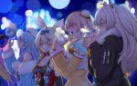  5girls ahoge animal_ears bell beret blonde_hair blowing blue_hair blurry braid breasts bun_cover bustier cleavage closed_eyes coat cold cup demon_horns depth_of_field detached_sleeves disposable_cup ear_clip eating eyelashes food fox_ears from_side fur-trimmed_coat fur_trim grey_hair grin hand_up hat highres holding holding_cup holding_food holofive hololive horns jingle_bell large_breasts laughing lights lion_ears long_hair long_sleeves mano_aloe mikan_(chipstar182) momosuzu_nene multicolored_hair multiple_girls night off-shoulder_coat omaru_polka on_shoulder open_mouth out_of_frame outdoors pointy_ears ponytail shishiro_botan showgirl_skirt small_breasts smile steam two-tone_hair upper_body very_long_hair yukihana_lamy 