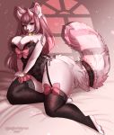  anthro big_breasts bow breasts cleavage clothed clothing ear_piercing ear_ring female garter_straps legwear mammal piercing solo spottedtigress thick_thighs thigh_highs 