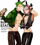  2boys absurdres achilles_(fate) animal_ears black_gloves black_neckwear bow bowtie bunny_ears cocktail_glass cup detached_collar drinking_glass fake_animal_ears fate/apocrypha fate/grand_order fate_(series) gloves green_hair green_hoodie grey_hair grin highres hood hoodie jacket looking_at_viewer male_focus male_playboy_bunny multicolored_hair multiple_boys navel odysseus_(fate/grand_order) open_clothes open_jacket orange_eyes qmiqun simple_background smile streaked_hair tray undercut waistcoat white_background yellow_eyes 