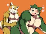  &lt;3 2020 anthro bearlovestiger13 belly blush canid canine canis domestic_dog duo fur green_body green_fur humanoid_hands live-a-hero male male/male mammal mokdai moobs musclegut nipples orange_background overweight overweight_male procy simple_background video_games 