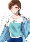  1girl bangs blue_pants blue_shirt blush brown_eyes brown_hair collarbone gen_(enji) idolmaster idolmaster_cinderella_girls medium_hair nitta_minami open_mouth pants ponytail print_shirt shiny shiny_hair shirt short_sleeves signature simple_background solo sweatdrop swept_bangs t-shirt twitter_username undressing white_background 