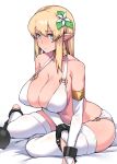  1girl alruna ankle_cuffs bangs bare_shoulders bikini blonde_hair blue_eyes blush breasts bridal_gauntlets brll chain cleavage closed_mouth collarbone commentary_request cuffs elf eyebrows_visible_through_hair flower gloves hair_between_eyes hair_flower hair_leaf hair_ornament halter_top halterneck highres large_breasts long_hair looking_at_viewer navel o-ring o-ring_bikini o-ring_bottom o-ring_top original pointy_ears shackles sidelocks sitting solo stomach swimsuit thighhighs white_background white_bikini white_gloves white_legwear wrist_cuffs 