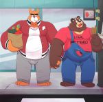  2020 anthro belly bottomwear brown_body brown_fur cade_(the_human_heart) canid canine canis clothing detailed_background domestic_dog duo fur hand_holding hi_res humanoid_hands leonthelionel male male/male mammal outside overalls overweight overweight_male pants rorik_(the_human_heart) shirt the_human_heart_(game) topwear ursid video_games visual_novel 