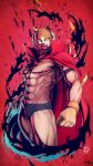  1boy absurdres amaguchi_chiyoko arm_strap beard blue_panties cape collarbone dog_mask facial_hair gloves highres kemonomichi looking_at_viewer male_focus mask muscle panties red_background red_cape shibata_genzou short_hair silver_hair underwear yellow_gloves 