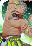  1boy abs animal_ears bara blush bulge butler chest chest_hair closed_eyes dancing dog_ears facial_hair goatee gomeisa_(live_a_hero) green_eyes grey_hair hozunomi_(user_jxa4157) live_a_hero male_focus muscle navel nipples shirtless short_hair sideburns solo tattoo tribal tribal_tattoo upper_body 