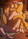  1boy 1girl animal_ears ass bangs barefoot blonde_hair blush breasts closed_eyes commentary completely_nude dark_skin english_commentary feet gen_1_pokemon girl_on_top highres hug humanization kinkymation nude pokemon pot sandshrew sex short_hair sitting thighs toes trembling 