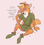  2020 anthro black_nose canid canine clothed clothing disney fox fur hat headgear headwear hi_res japanese_text male mammal robin_hood robin_hood_(disney) simple_background solo text uochandayo 
