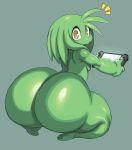  absurd_res alien alien_humanoid big_butt butt green_body green_hair hair hi_res holding_object huge_butt humanoid jay_(sqoon) kneeling looking_at_viewer looking_back male nintendo nintendo_switch nude puwa rear_view simple_background solo sssonic2 surprise thick_thighs video_games wide_hips yellow_eyes 