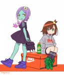  2girls aqua_skin bag black_dress bottle braid brown_hair drawstring dress full_body gatorade green_eyes green_footwear hair_ornament holding holding_bag hood hoodie looking_at_viewer luluco mago midori_(uchuu_patrol_luluco) multiple_girls nike purple_footwear purple_hair shorts sitting standing star_(symbol) star_hair_ornament uchuu_patrol_luluco 