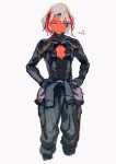  1boy bodysuit cleavage_cutout closed_mouth clothing_cutout fate/grand_order fate_(series) hair_intakes hands_on_hips highres jumpsuit looking_to_the_side male_focus multicolored_hair odysseus_(fate/grand_order) qmiqun simple_background solo streaked_hair tied_sleeves white_background white_hair yellow_eyes 