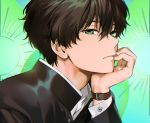  all_male black_hair close cropped green green_eyes hyouka male mery_(apfl0515) oreki_houtarou school_uniform short_hair signed wristwear 