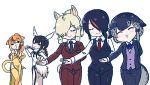  5girls alpaca_ears alpaca_girl alpaca_suri_(kemono_friends) alpaca_tail alternate_costume animal_ears bare_shoulders bird_girl bird_tail bird_wings black-headed_ibis_(kemono_friends) black_bow black_hair black_neckwear blonde_hair blue_neckwear blush bow bracelet braid brown_jacket brown_pants china_dress chinese_clothes circlet closed_eyes collared_shirt commentary_request dolphin_tail dress elbow_gloves emperor_penguin_(kemono_friends) fan folding_fan formal fur_collar gloves golden_snub-nosed_monkey_(kemono_friends) hair_bow hair_bun hair_over_one_eye hair_tubes head_wings jacket jewelry kemono_friends kotobuki_(tiny_life) long_hair long_ponytail long_sleeves monkey_ears monkey_girl monkey_tail multicolored_hair multiple_girls narwhal_(kemono_friends) neck_ribbon neck_ruff necktie orange_hair pants red_neckwear ribbon shirt short_hair short_ponytail sleeveless suit tail thighhighs twin_braids vest white_dress white_fur white_hair white_shirt wings yellow_dress yellow_gloves yellow_legwear zettai_ryouiki 