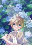  1boy aqua_eyes beige_jacket blonde_hair blue_flower commentary floral_background flower hekicha highres holding holding_umbrella hydrangea kagamine_len leaf looking_at_viewer male_focus parted_lips plant shirt short_sleeves spiked_hair transparent transparent_umbrella umbrella upper_body vocaloid water_drop white_shirt 