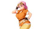  blush breasts cleavage dragon_quest:_dai_no_daibouken dress erect_nipples gloves goggles maam necklace onsoku_inu pink_hair red_eyes short_hair white 