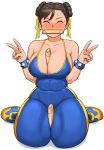  1girl ^_^ abs between_breasts between_thighs blue_unitard blush breasts chun-li cleavage closed_eyes collarbone covered_navel double_bun double_v earrings fingernails food food_in_mouth full_body hair_ribbon highres jewelry large_breasts mouth_hold nose_blush official_alternate_costume on_ground ribbon shigenobu sitting skin_tight smile solo spaghetti_strap spring_roll street_fighter street_fighter_zero_(series) stud_earrings studded_bracelet sweatdrop thick_thighs thighs unitard upper_teeth v wariza what white_background yellow_footwear 