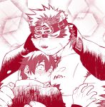  2boys animal_ears bara bare_chest blush chest chest_hair ezaki_papiko furry grey_fur head_between_pecs head_on_chest headband highres horkeu_kamui_(tokyo_houkago_summoners) implied_yaoi jacket jacket_on_shoulders male_focus master_4_(tokyo_houkago_summoners) multiple_boys muscle red_theme short_hair tokyo_houkago_summoners two-tone_fur upper_body white_fur wolf_boy wolf_ears 