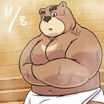  1:1 2020 anthro belly blush bodily_fluids brown_body brown_fur fur hi_res inside k_gutless kemono male mammal navel overweight overweight_male solo sweat towel ursid 