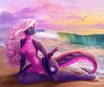  ambient_bird anthro avian beach big_tail bird breasts countershading featureless_breasts featureless_crotch female feral hair liatris long_hair long_tail markings multicolored_body multicolored_scales non-mammal_breasts nude on_sand pink_hair purple_body purple_scales reptile scales scalie seaside sitting snake solo spots spottedtigress sunset thick_tail water wave wavy_hair 