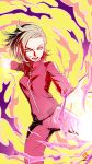  1girl absurdres amaguchi_chiyoko android_18 blonde_hair blue_eyes dragon_ball dragon_ball_super earrings floating_hair highres jacket jewelry long_sleeves medium_hair open_mouth pants red_jacket red_pants solo track_jacket track_pants track_uniform yellow_background zipper 