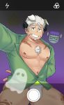  1boy abs absurdres animal_ears ass bara bare_chest blush bulge chest chest_hair cosplay cowboy_shot dog_ears facial_hair frankenstein&#039;s_monster frankenstein&#039;s_monster_(cosplay) goatee gomeisa_(live_a_hero) green_eyes green_male_underwear grey_hair halloween halloween_costume highres jockstrap live_a_hero looking_at_viewer male_focus muscle nanman_shi navel nipples self_shot short_hair sideburns solo tattoo thick_thighs thighs tribal_tattoo underwear 