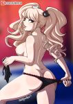  1girl :p artist_name ass bangs black_bra black_nails black_panties blonde_hair blue_eyes blunt_bangs blurry blurry_background blush bra bra_removed breasts commentary danganronpa english_commentary enoshima_junko frilled_panties frills from_behind hair_ornament highres holding holding_bra holding_clothes holding_underwear kinkymation large_breasts long_hair looking_at_viewer looking_back medium_breasts nail_polish naughty_face nipples panties panty_pull sideboob smile solo tongue tongue_out topless twintails underwear underwear_only 