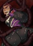  1boy ass ass_focus bara black_bodysuit bodysuit bound bound_arms bulge chest ezaki_papiko facial_hair goatee highres imminent_sex male_focus muscle original red_eyes red_hair short_hair solo spread_legs tentacles tentacles_on_male thick_eyebrows thick_thighs thighs wet 