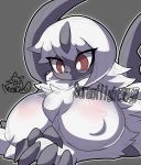  absol black_nose chest_tuft claws covered_nipples english_text eyelashes female fur grey_background hi_res horn looking_at_breasts lying nintendo nyaswitchnya pok&eacute;mon pok&eacute;mon_(species) red_eyes simple_background solo text tuft video_games white_body white_fur 