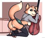  absurd_res anthro bottomwear breasts butt canid canine clothed clothing clothing_lift darma_(rock_dog) digital_media_(artwork) female fox fur genitals guitar hi_res hoodie legwear looking_at_viewer luraiokun mammal musical_instrument nipples no_underwear plucked_string_instrument pussy rock_dog skirt skirt_lift solo stockings string_instrument thigh_highs topwear 